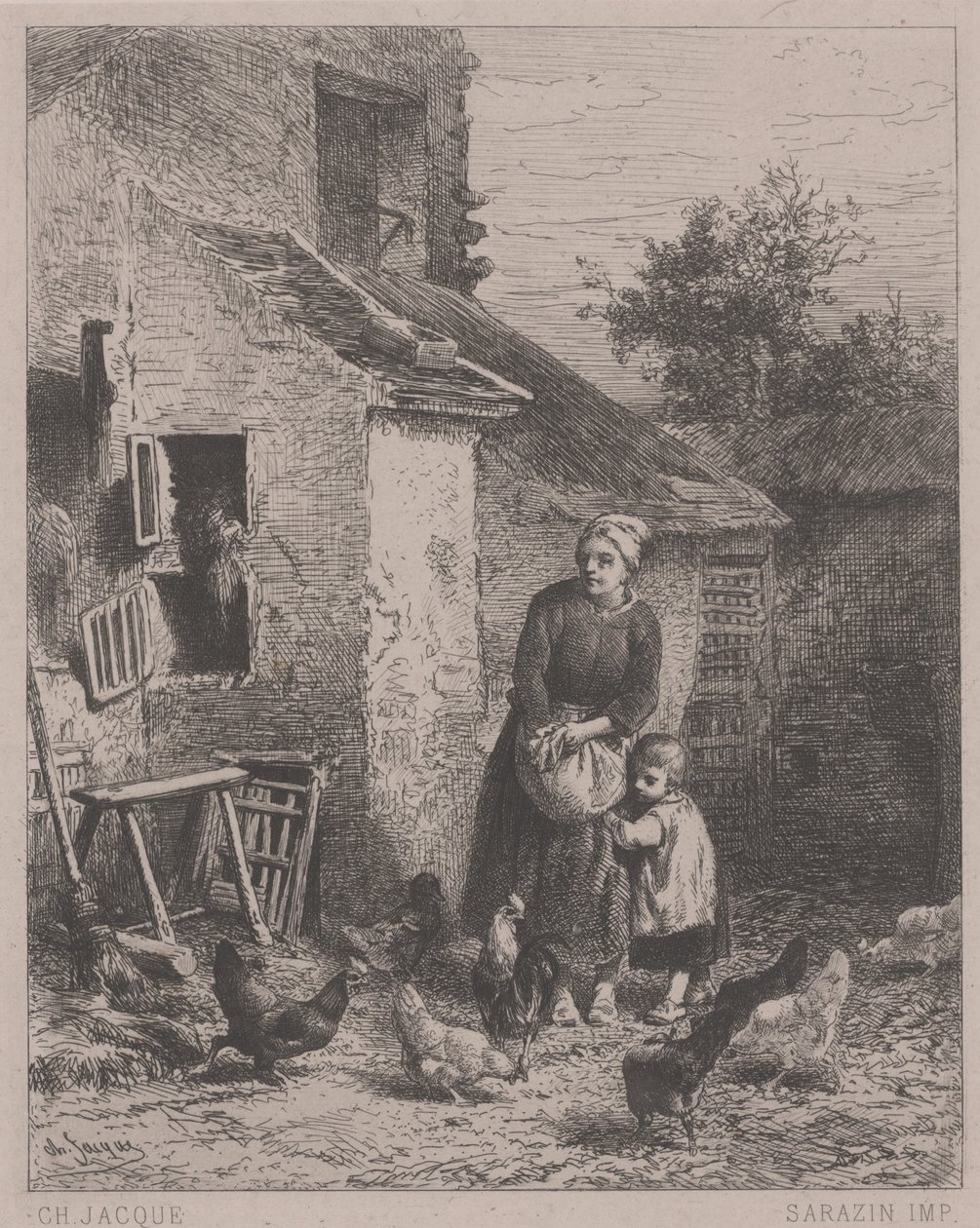 A Corner of the Court, ou Un Coin de Cour (gravura, gravura e ponta seca) de Charles Emile Jacque
