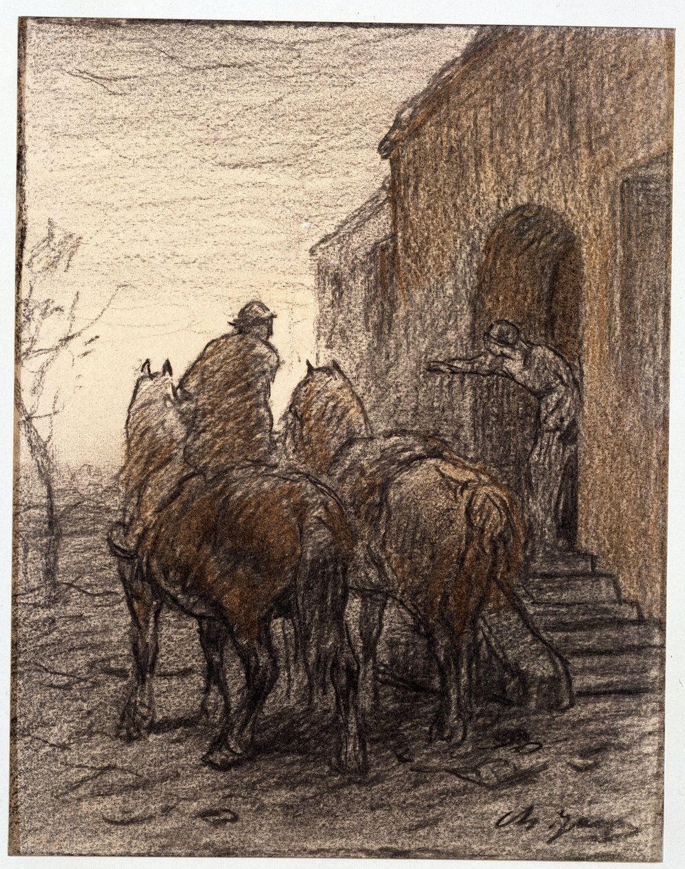 Camponês com dois cavalos e uma mulher que indica o caminho de Charles Emile Jacque