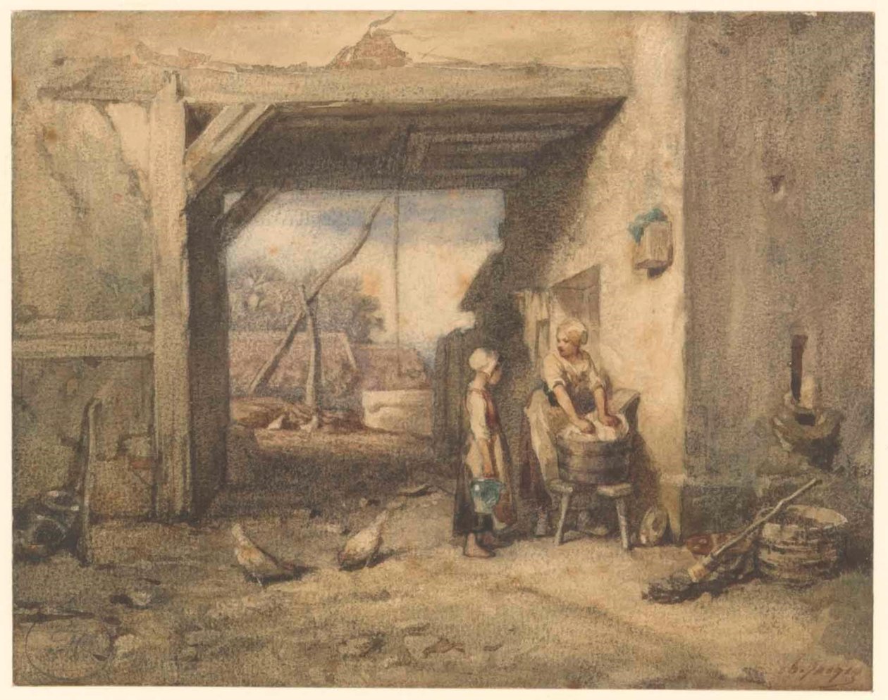 Um pátio de quinta de Charles Emile Jacque