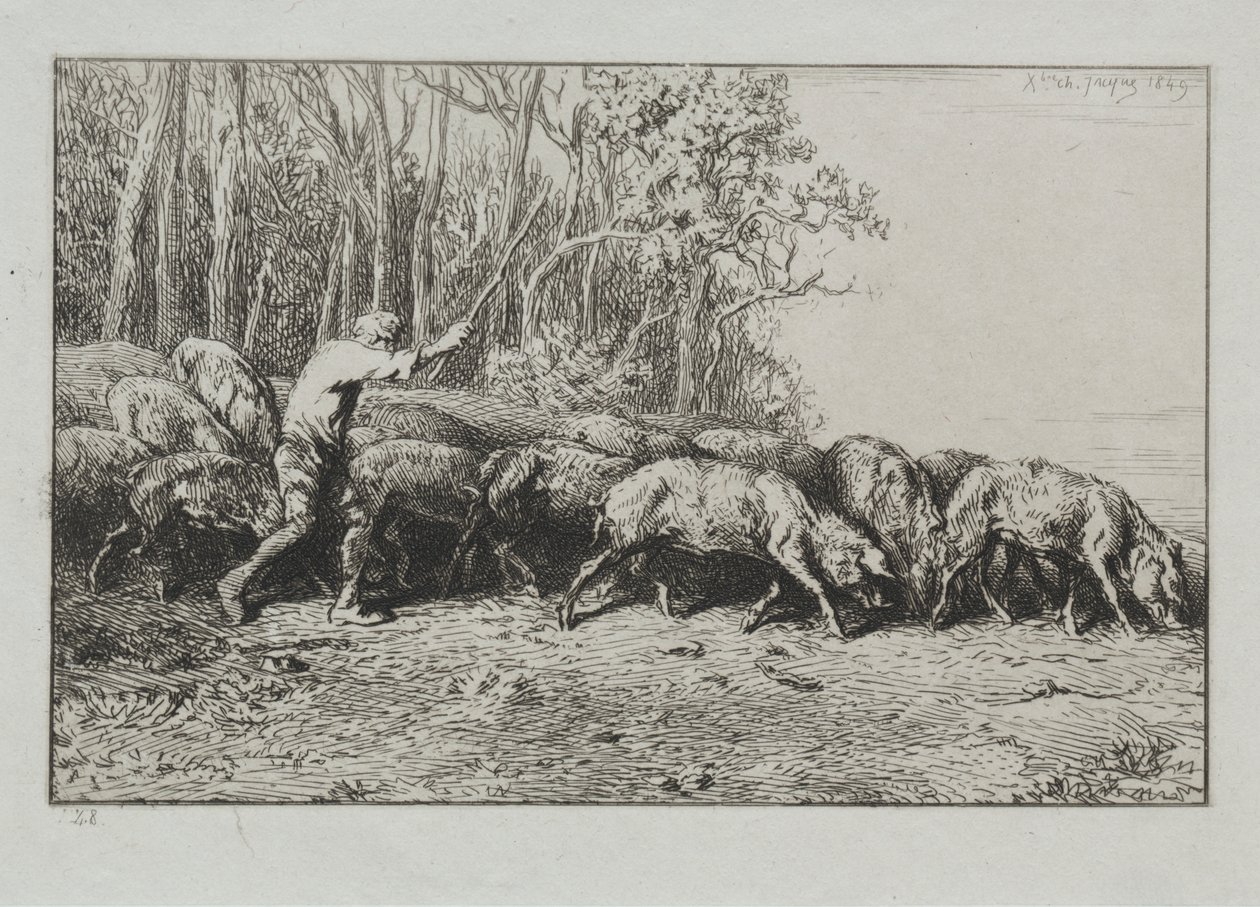Rebanho de porcos saindo de uma floresta de Charles Emile Jacque
