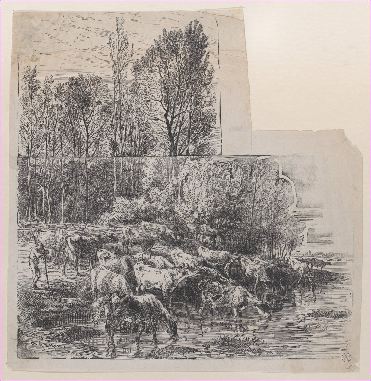 Pastor e Gado em Ford, ca. 1850. de Charles Emile Jacque