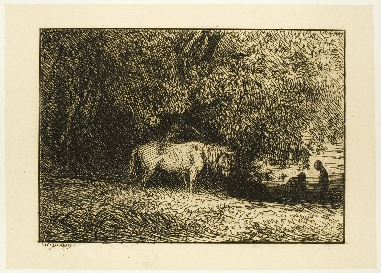 Cavalo em uma madeira de Charles Emile Jacque