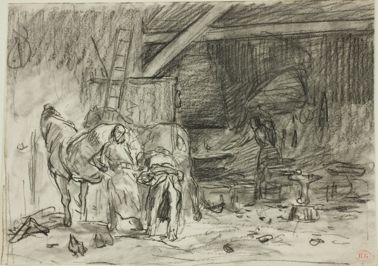Interior de uma oficina de ferreiro (frente); Homem curvado, visto da leitura (verso) de Charles Emile Jacque