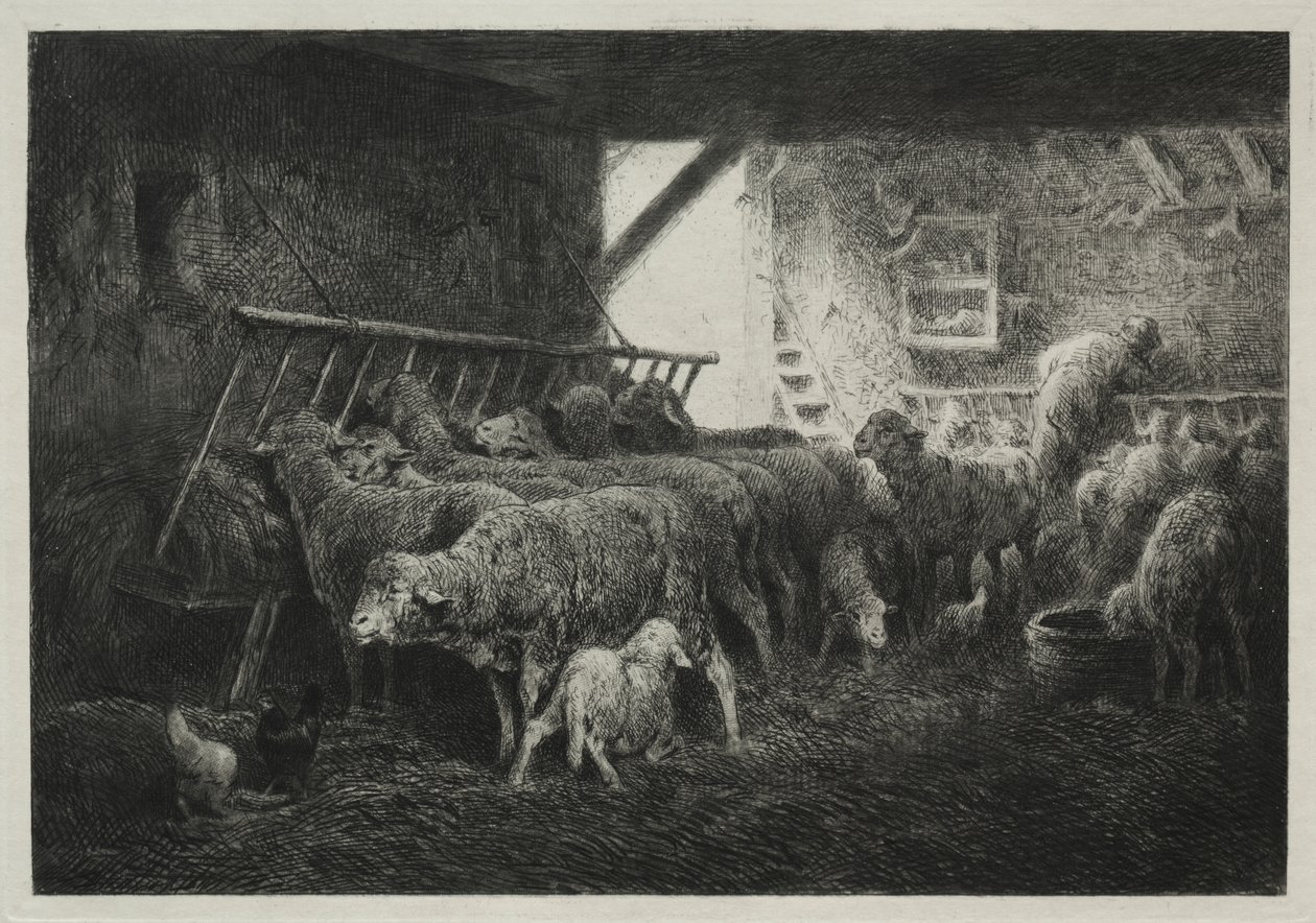 Interior de um curral de ovelhas de Charles Emile Jacque