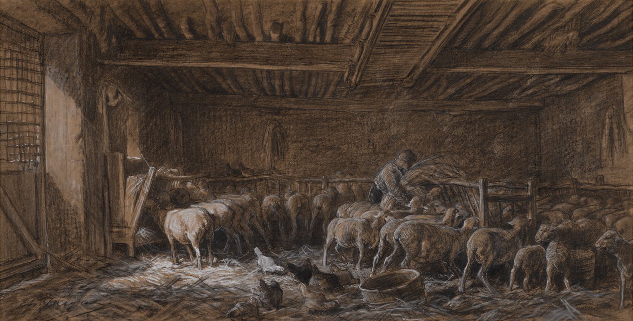 Interior de um celeiro (La Bergerie) de Charles Emile Jacque
