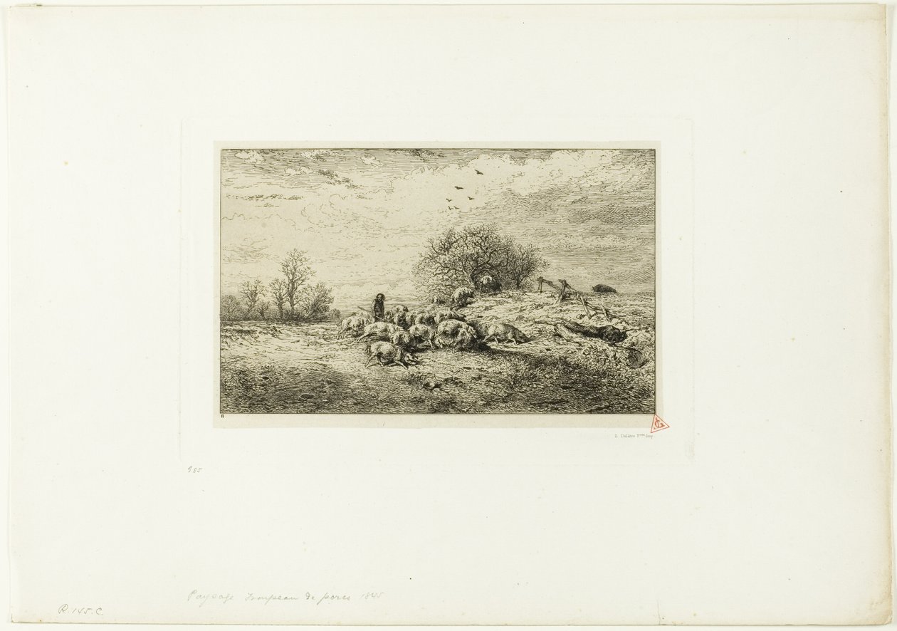Paisagem com rebanho de porcos de Charles Emile Jacque