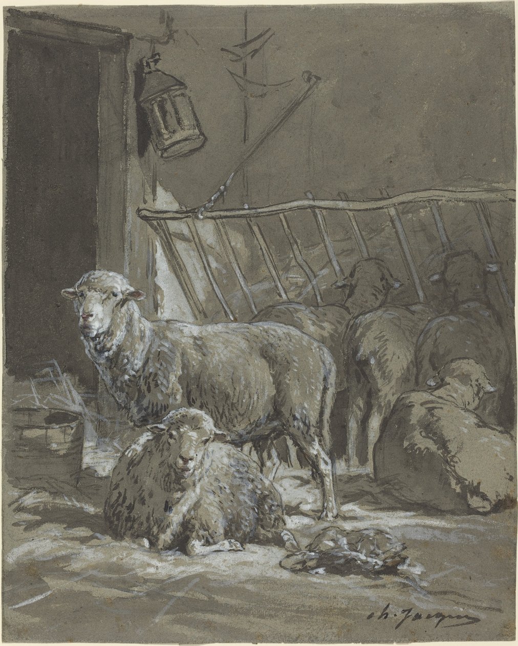 Ovelhas em uma manjedoura de Charles Emile Jacque