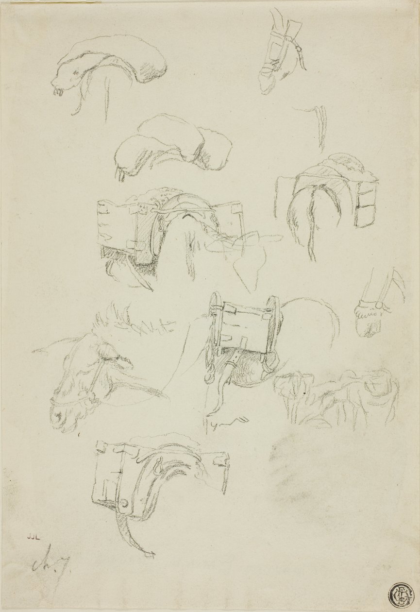 Folha de esboços: Pormenores de um burro e acessórios de Charles Emile Jacque