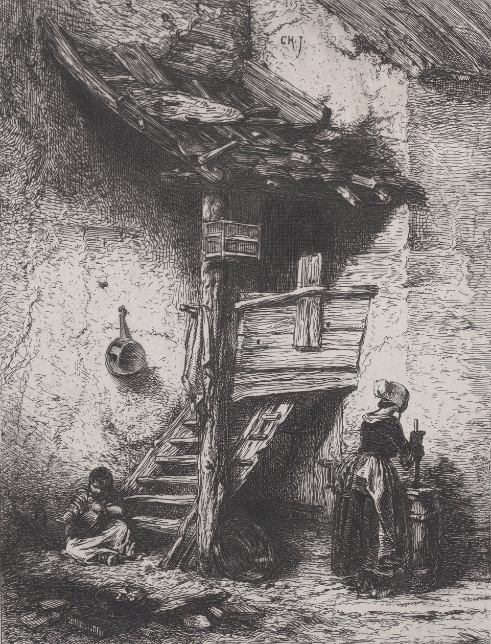 Escadas e Mulher Agitando, 1845. de Charles Emile Jacque