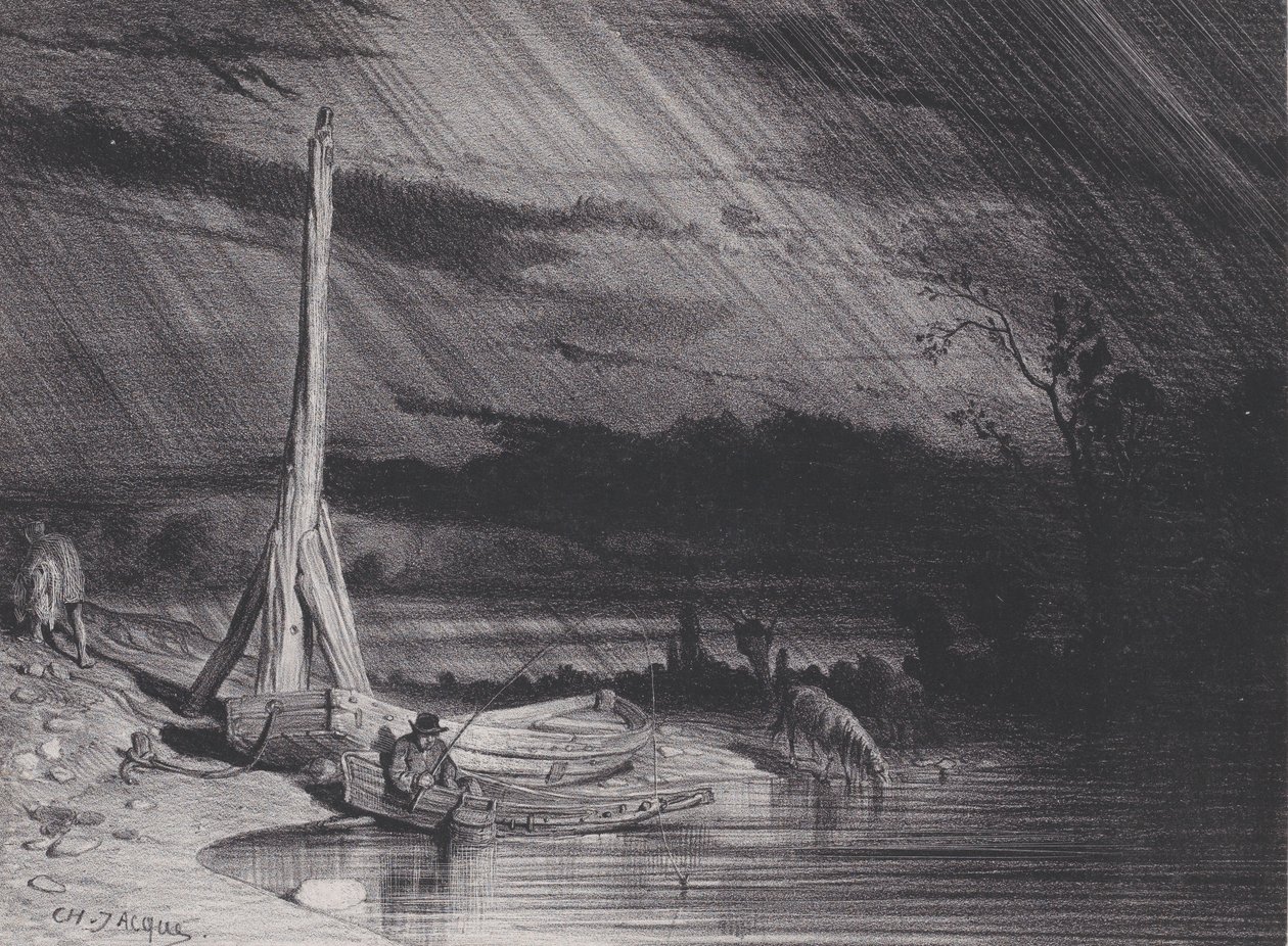 O Pescador, Tempo Chuvoso, ca. 1853. de Charles Emile Jacque
