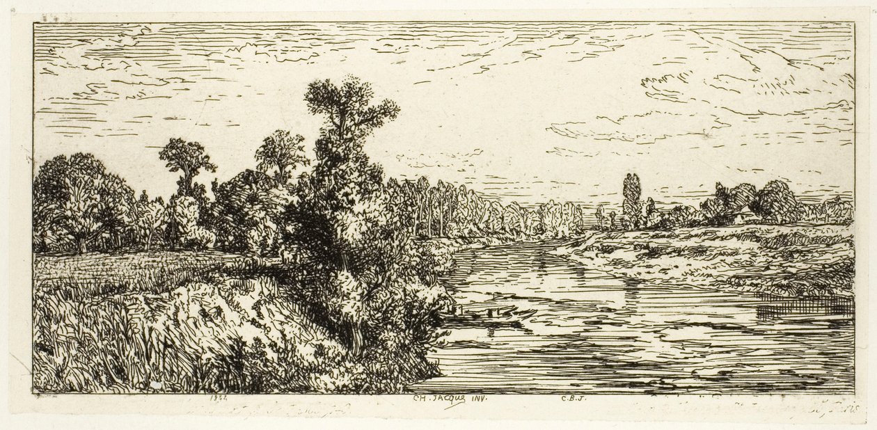 A ilha de Aligre, com dois barcos de Charles Emile Jacque