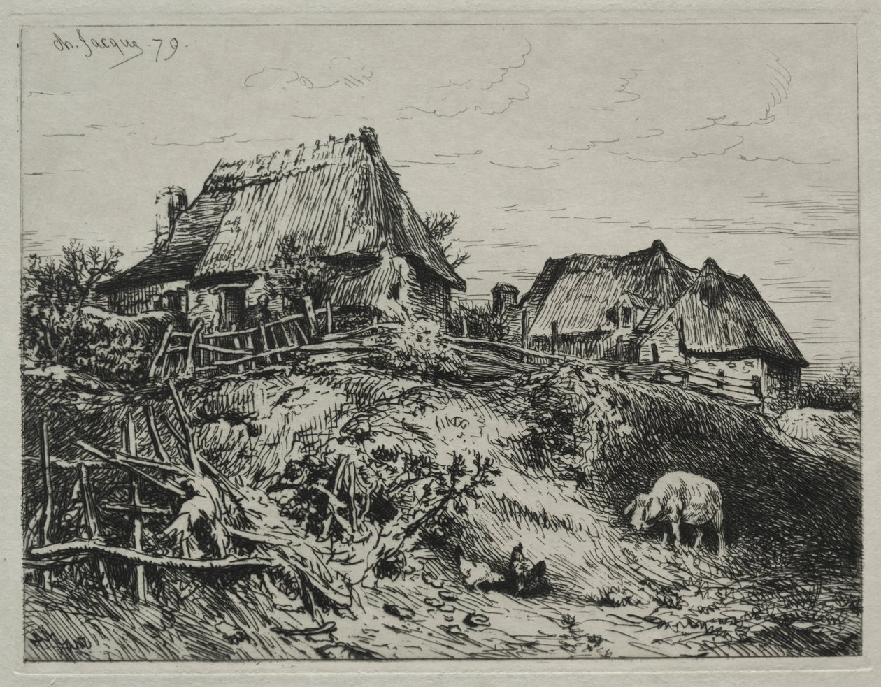 Duas casas de campo em um banco de Charles Emile Jacque