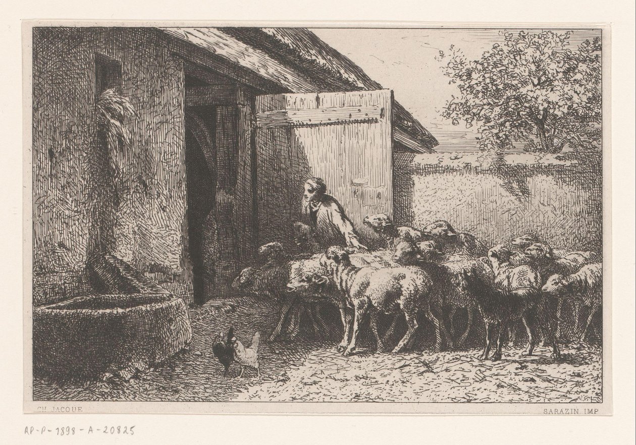 Mulher levando ovelhas para o estábulo Bergerie de Charles Emile Jacque