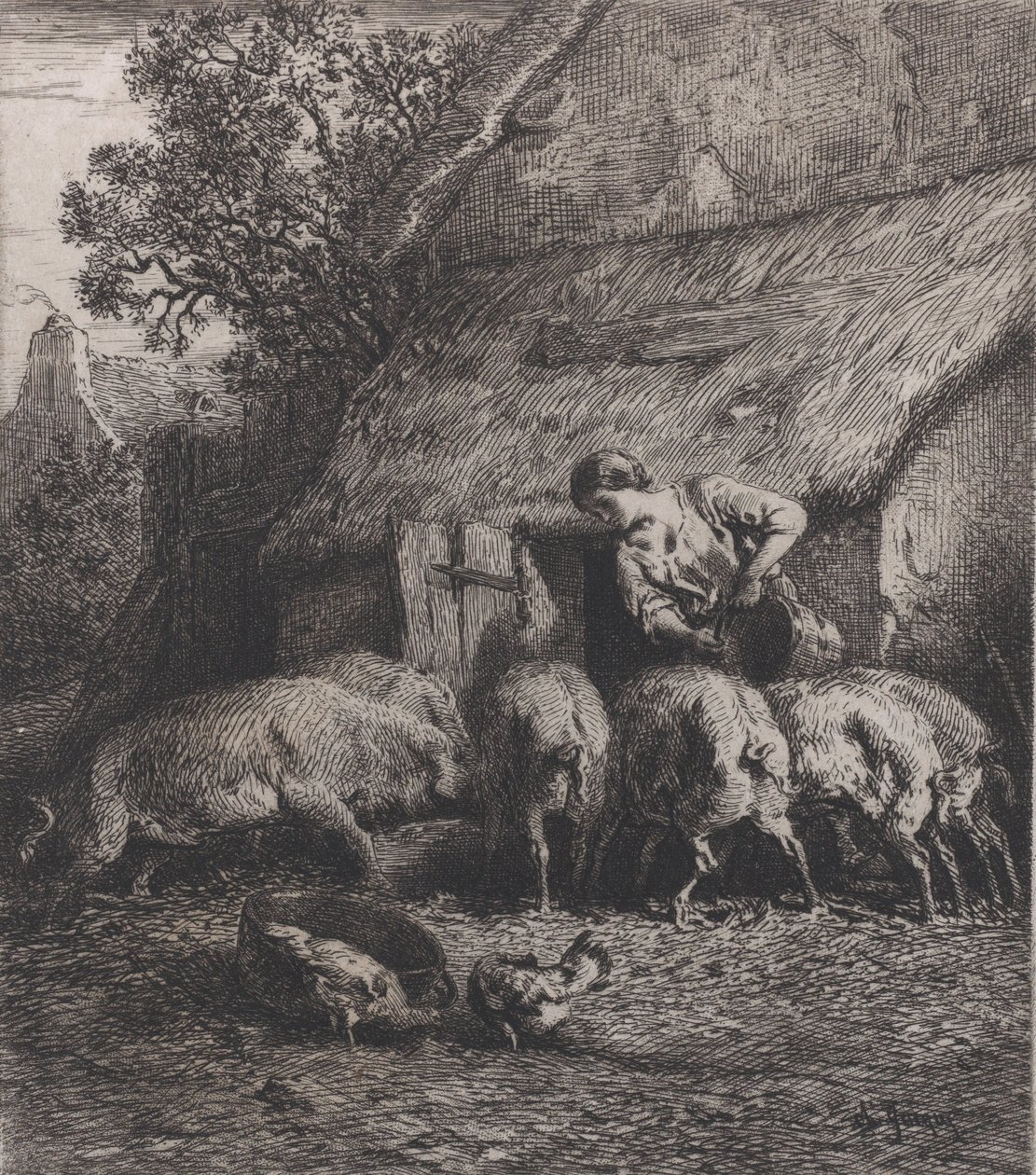 Mulher alimentando porcos, 1850. de Charles Emile Jacque