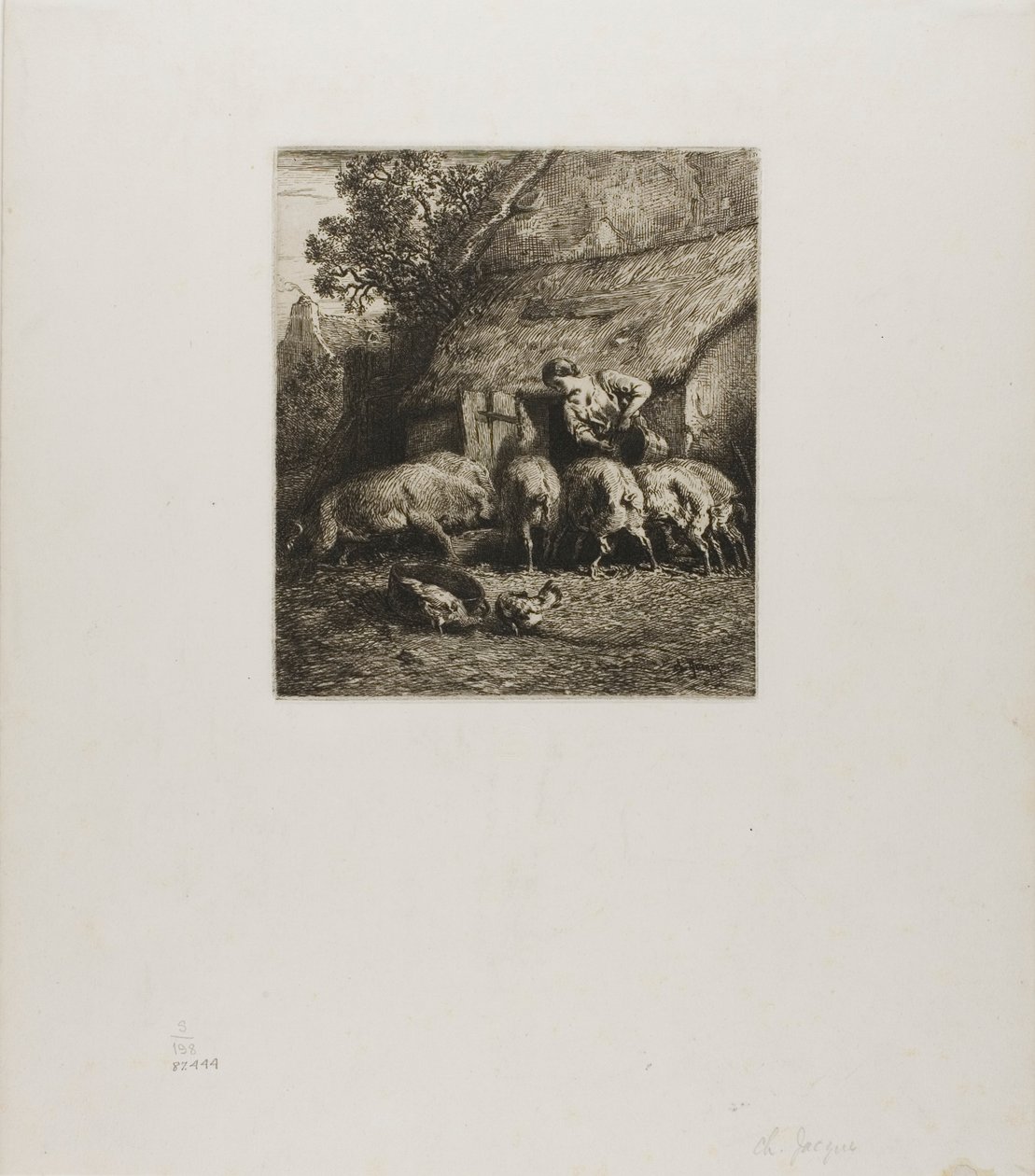 Mulher a alimentar seis porcos de Charles Emile Jacque