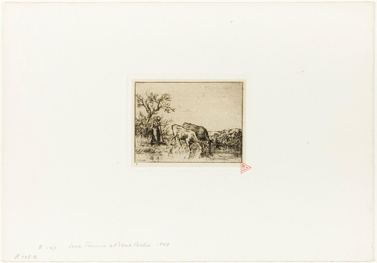 Mulher cuidando de duas vacas de Charles Emile Jacque