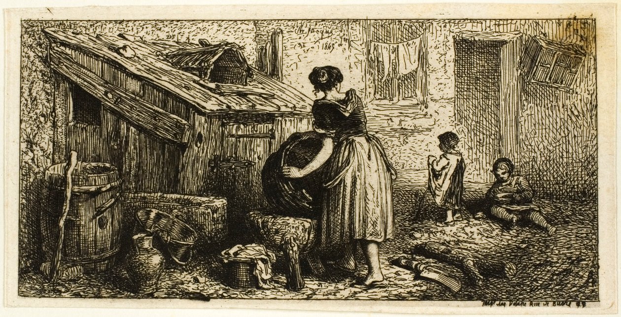 Mulher lavando panelas, com crianças de Charles Emile Jacque