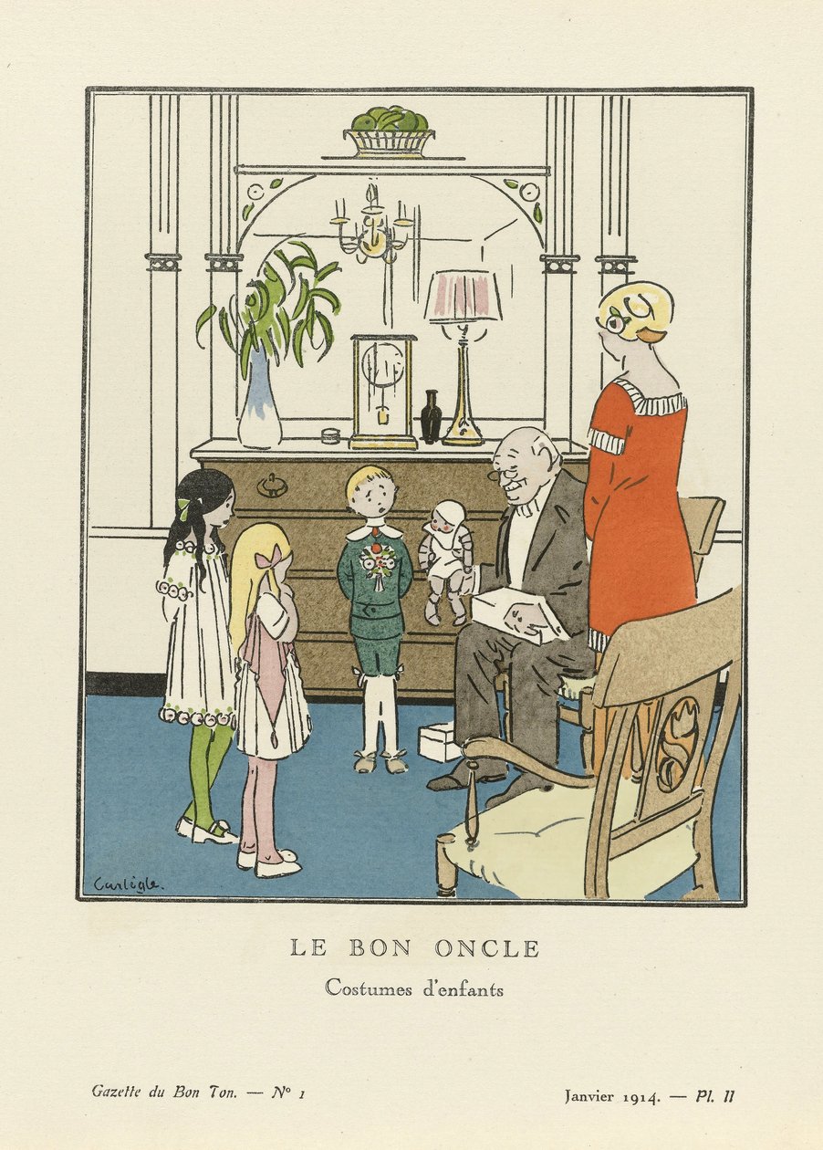 O Bom Tio. Roupas de criança da La Gazette du Bon Ton, pub. 1914 (Stencil Print) de Charles Emile called Carlegle Egli