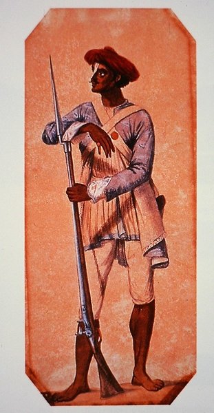 Soldado do Sultão Tipu, Sultão de Mysore, armado com um mosquete de flintlock (cor litho) de Charles Emilius (after) Gold