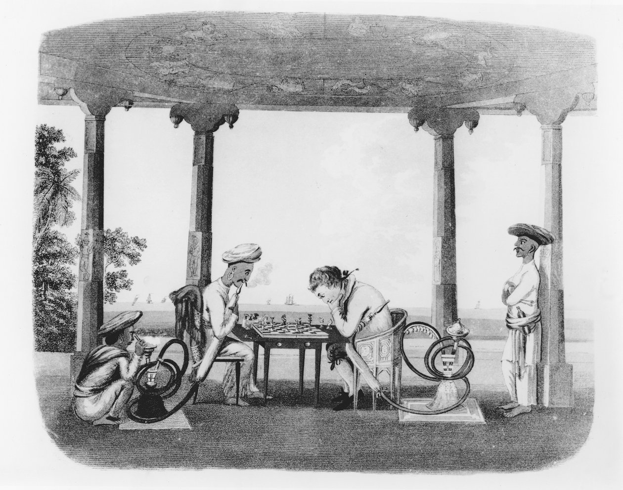 Fumando o cachimbo de água, placa 43 de &39;Oriental desenhos&39;, gravada por T. Rickards, pub. 1806 (aquatinta) de Charles Emilius Gold