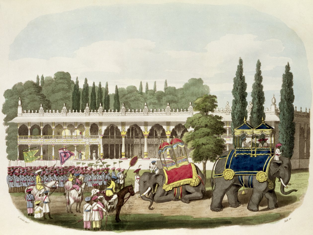 O Palácio de Tippoo Sahib (1749-99) gravado por Thomas Hall para &39;Oriental Drawings&39;, pub. 1806 (aquatinta) de Charles Emilius Gold