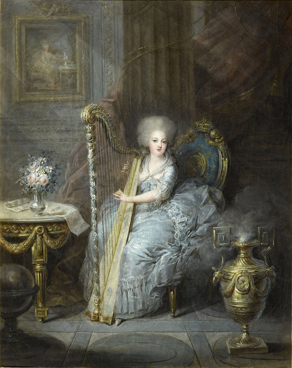 Madame Elisabeth tocando harpa de Charles Emmanuel Joseph Leclercq