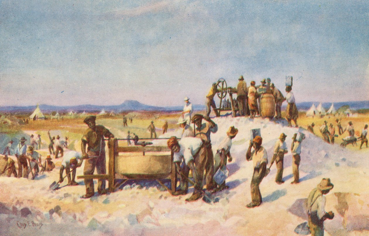 Escavações aluviais de diamantes (litografia a cores) de Charles Ernest Peers