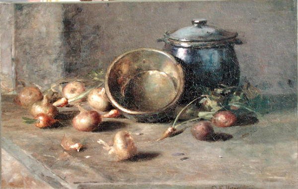 Still Life (Crock, Kettle e Onions) (óleo sobre tela) de Charles Ethan Porter