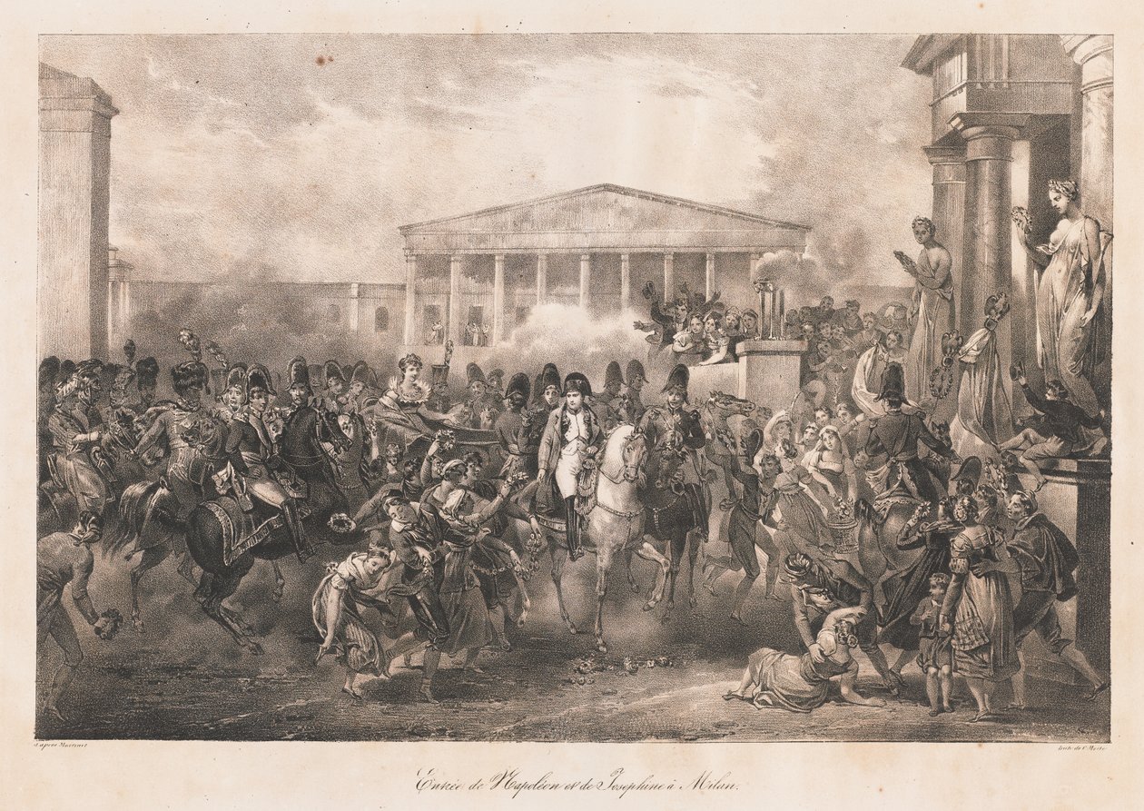 Entrada de Napoleão & Josefina em Milão,
início do século XIX (litho) de Charles Etienne Pierre Motte