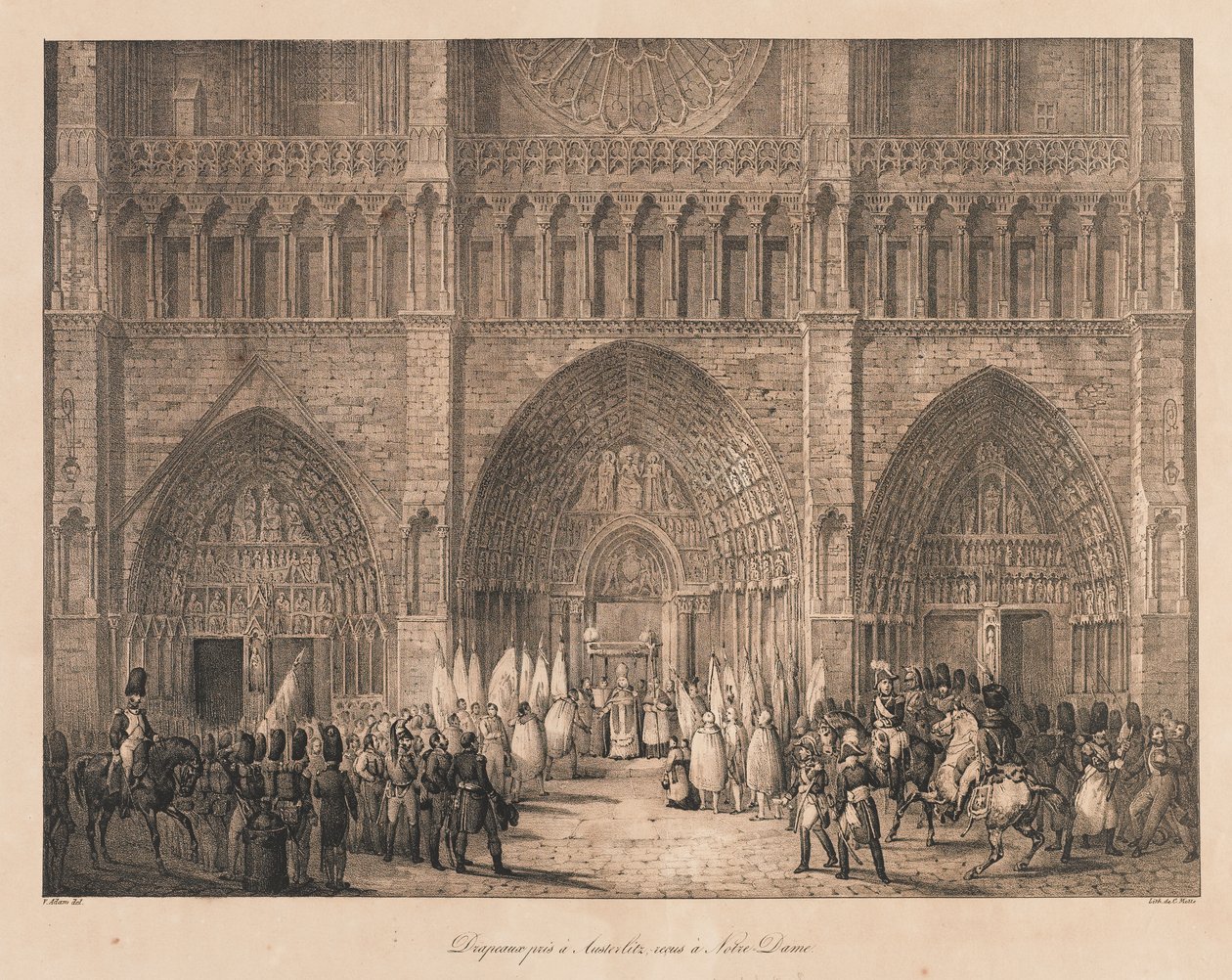 Bandeiras Tiradas em Austerlitz Recebidas em Notre
Dame, início do século XIX (litho) de Charles Etienne Pierre Motte