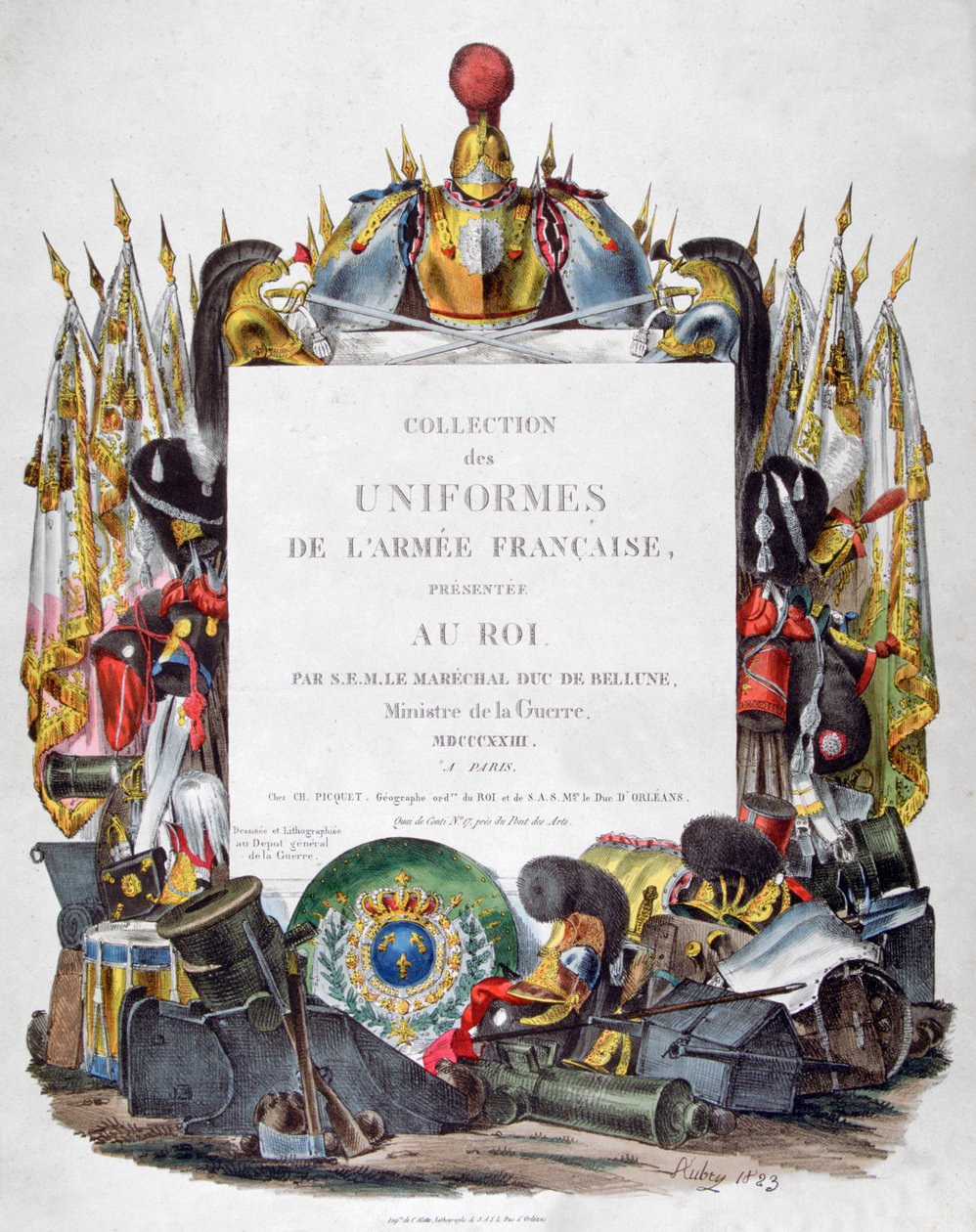 Frontispício da coleção de uniformes do exército francês apresentado ao rei, 1823. de Charles Etienne Pierre Motte