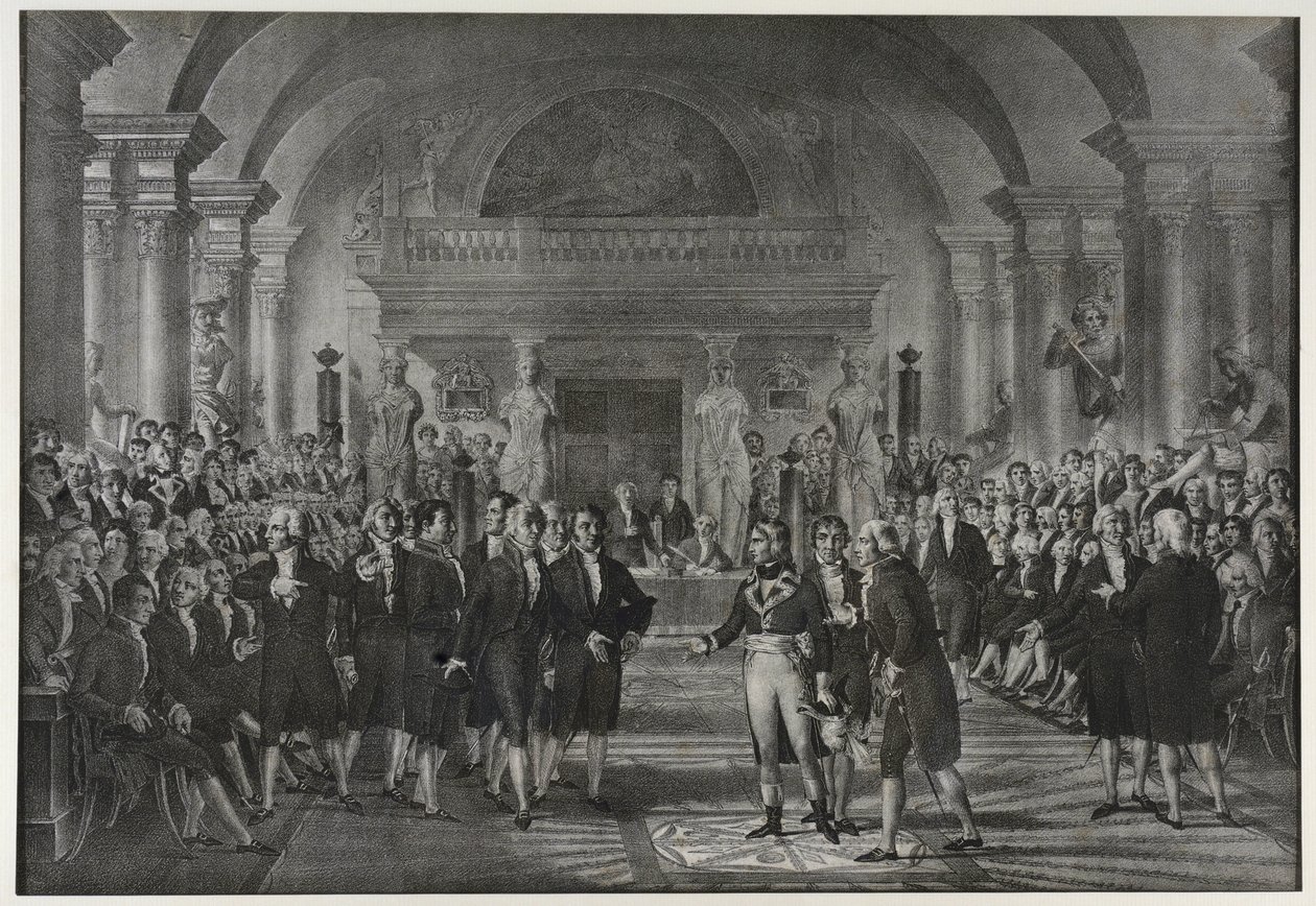 Recepção de Napoleão Bonaparte no Instituto, aula de física e matemática, seção de artes mecânicas em 25 de dezembro de Charles Etienne Pierre Motte