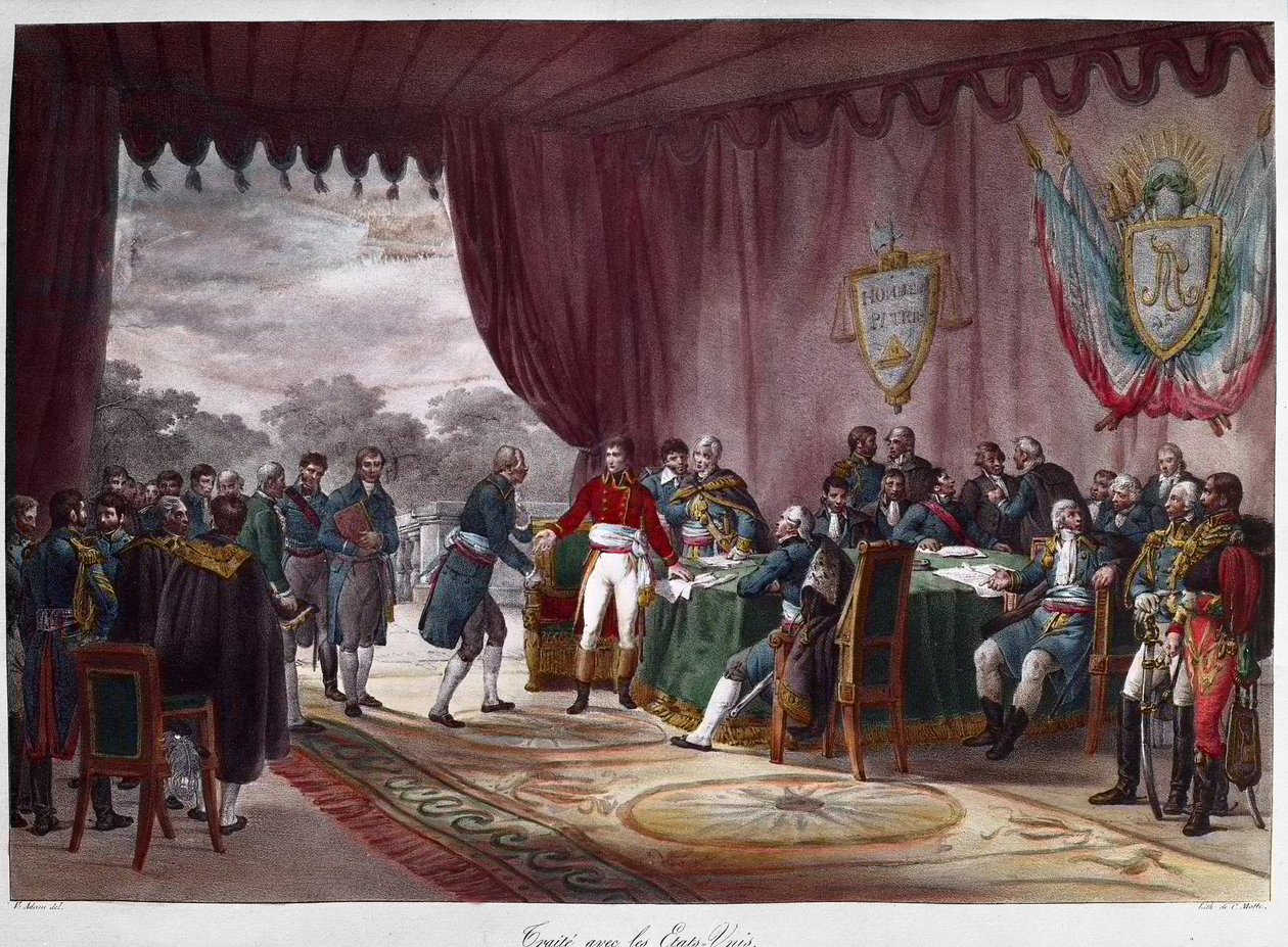 A assinatura do Tratado de Mortefontaine, 30 de Setembro de 1800 - entre Joseph Bonaparte (1768-1844) e os Estados Unidos; a venda da Louisiana à América - Signature du Treat de Mortefontaine em 30-09-1800 durante a qual a França (representada por Joseph B de Charles Etienne Pierre Motte