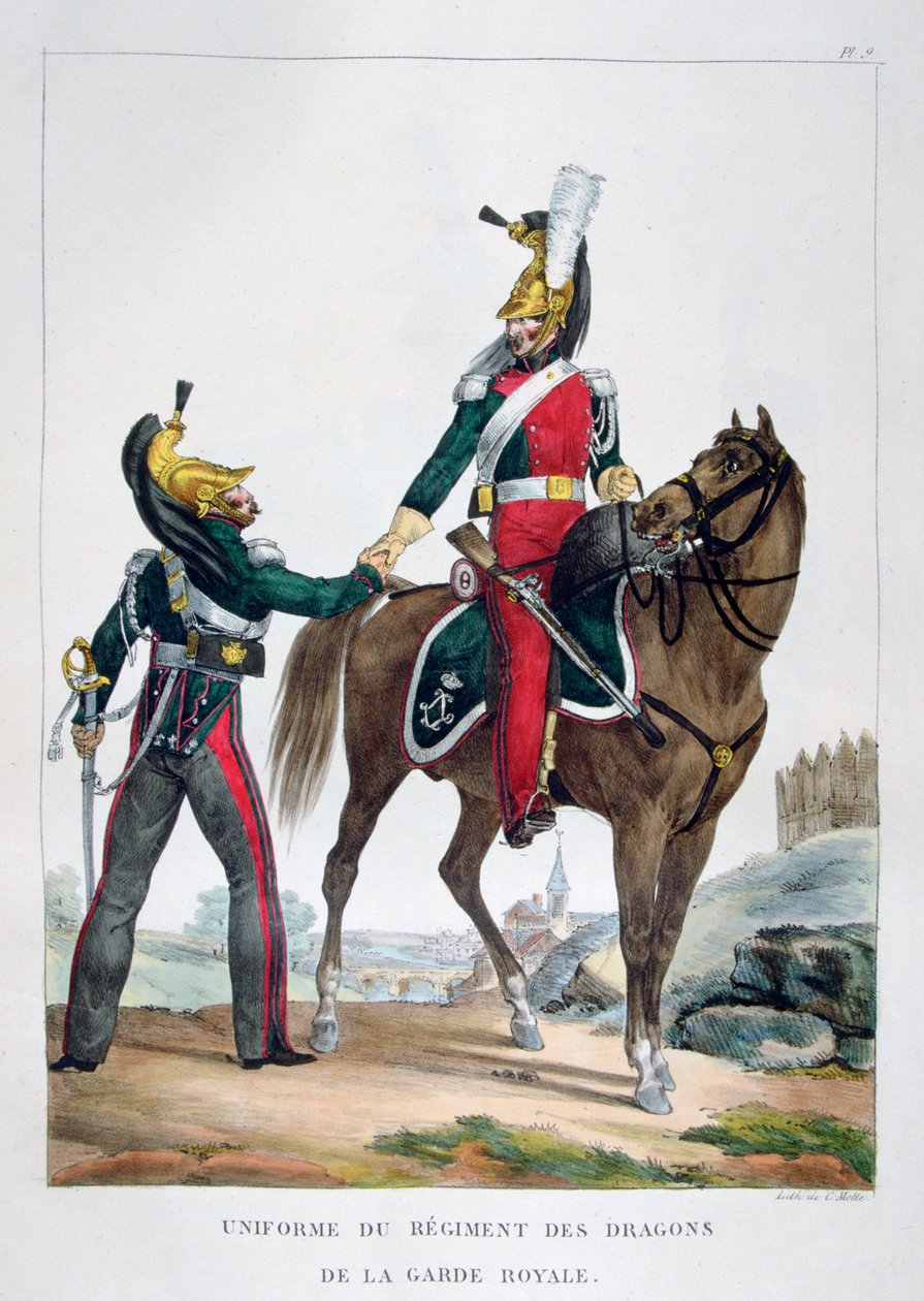 Uniforme de um regimento de dragões da guarda real, França, 1823. de Charles Etienne Pierre Motte