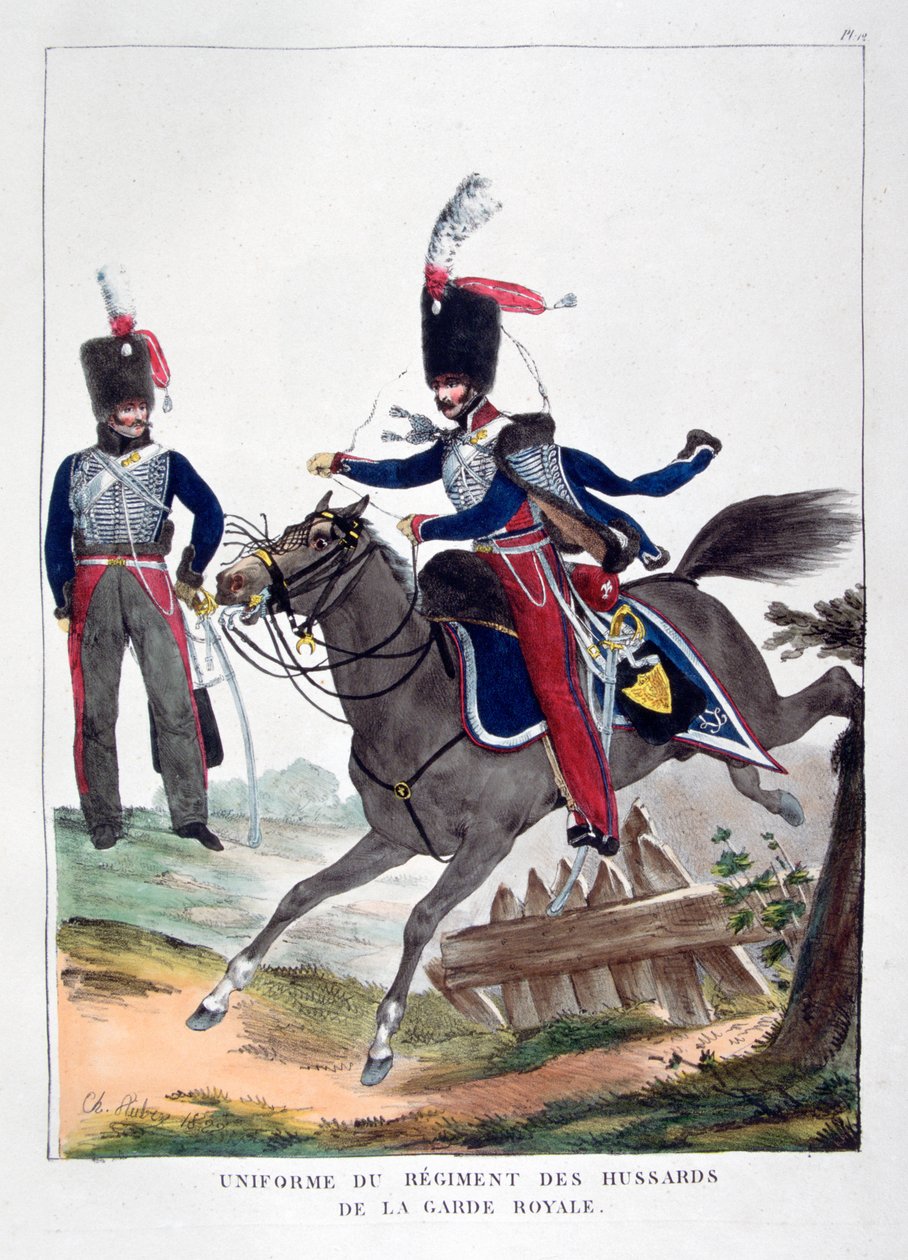 Uniformes de um regimento de hussardos da guarda real francesa, 1823. de Charles Etienne Pierre Motte