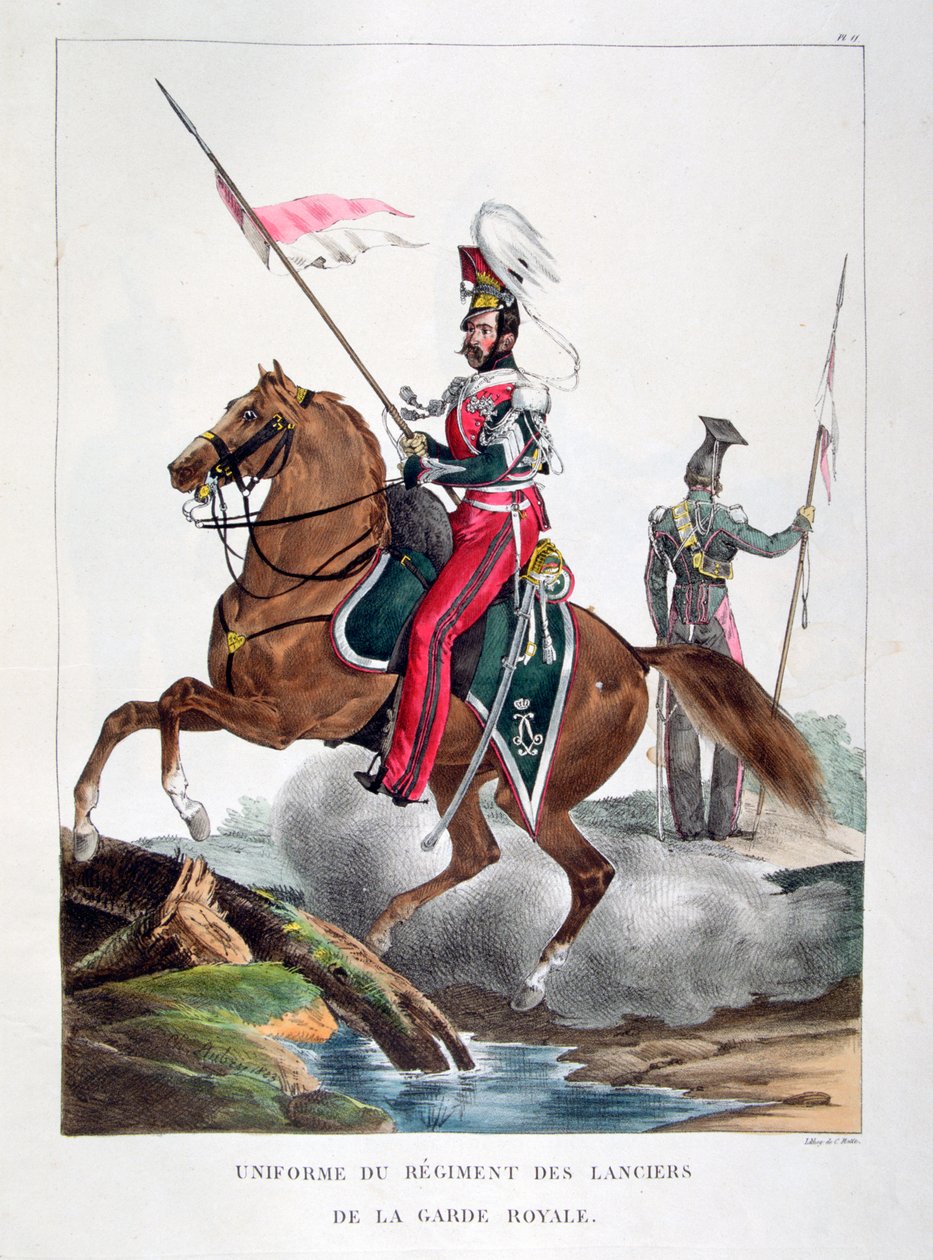 Uniformes de um regimento de lanceiros da guarda real francesa, 1823. de Charles Etienne Pierre Motte