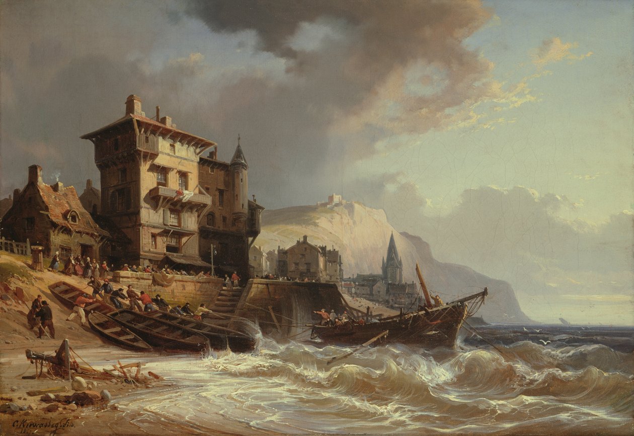 Transportando os barcos em terra na costa da Bretanha, século XIX de Charles Euphrasie Kuwasseg