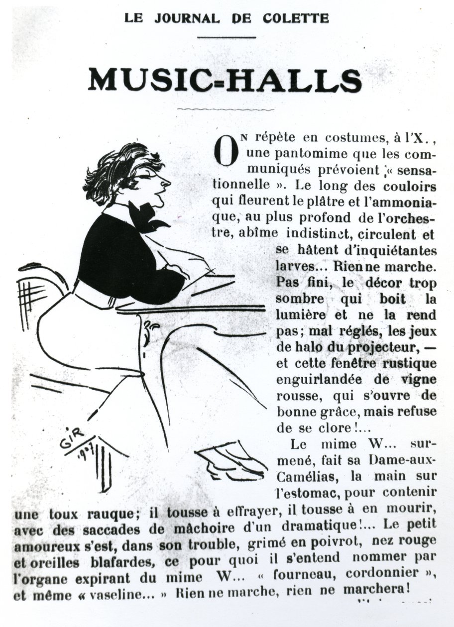 Caricatura de Colette de seu ensaio sobre Salões de Música em Vrilles de la Vigne, publicado em La Vie Parisienne, Paris, 1908 de Charles Felix Gir