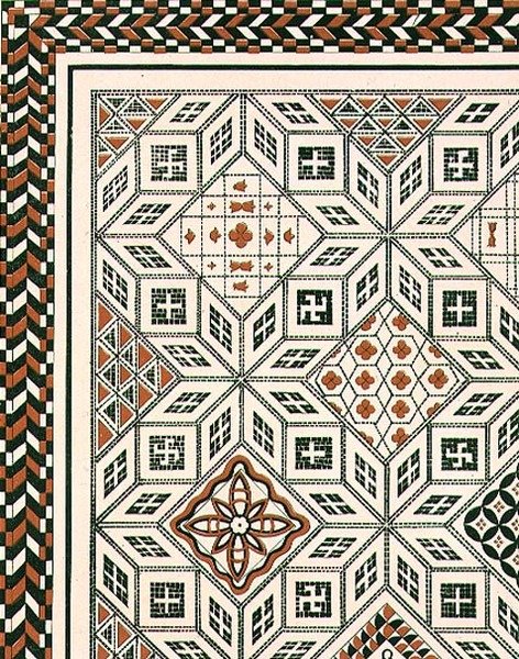 Desenho de um pavimento em mosaico descoberto em Nimes, provavelmente no século II ou III, pub. por Day & Son (litho) de Charles Felix Marie (after) Texier