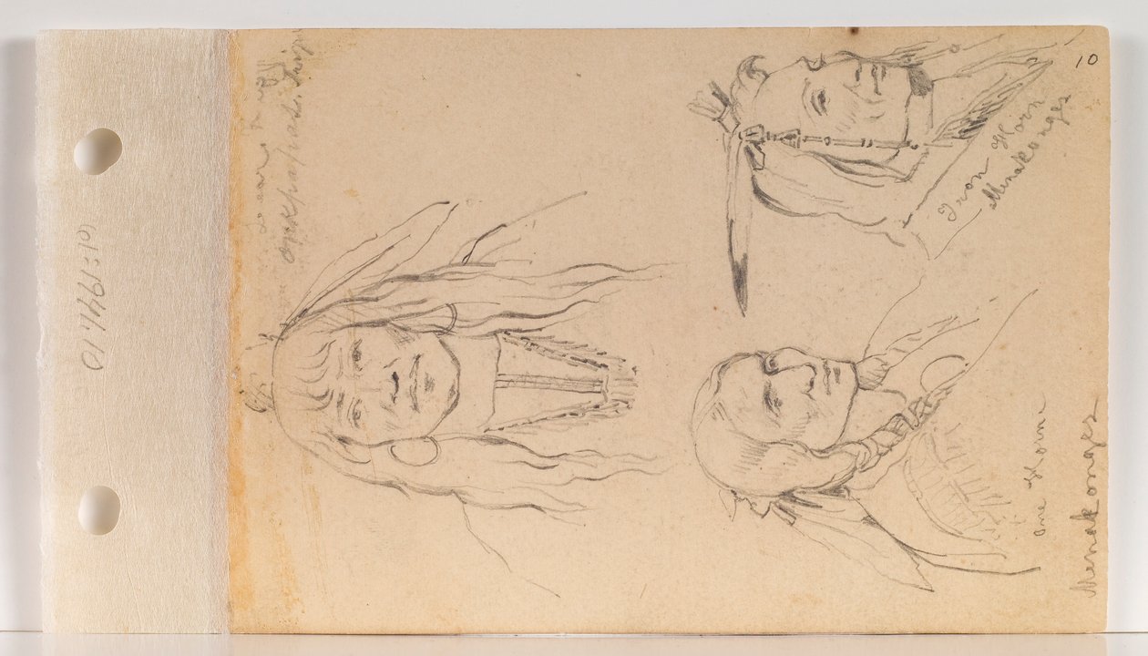 Retratos de Mato Chuthuhu (Costela de Urso), Ha won je tah (One Horn/Lone Horn) e Heh Mah Zah (Iron Horn) (folha 10 recto) de Charles Ferdinand Wimar