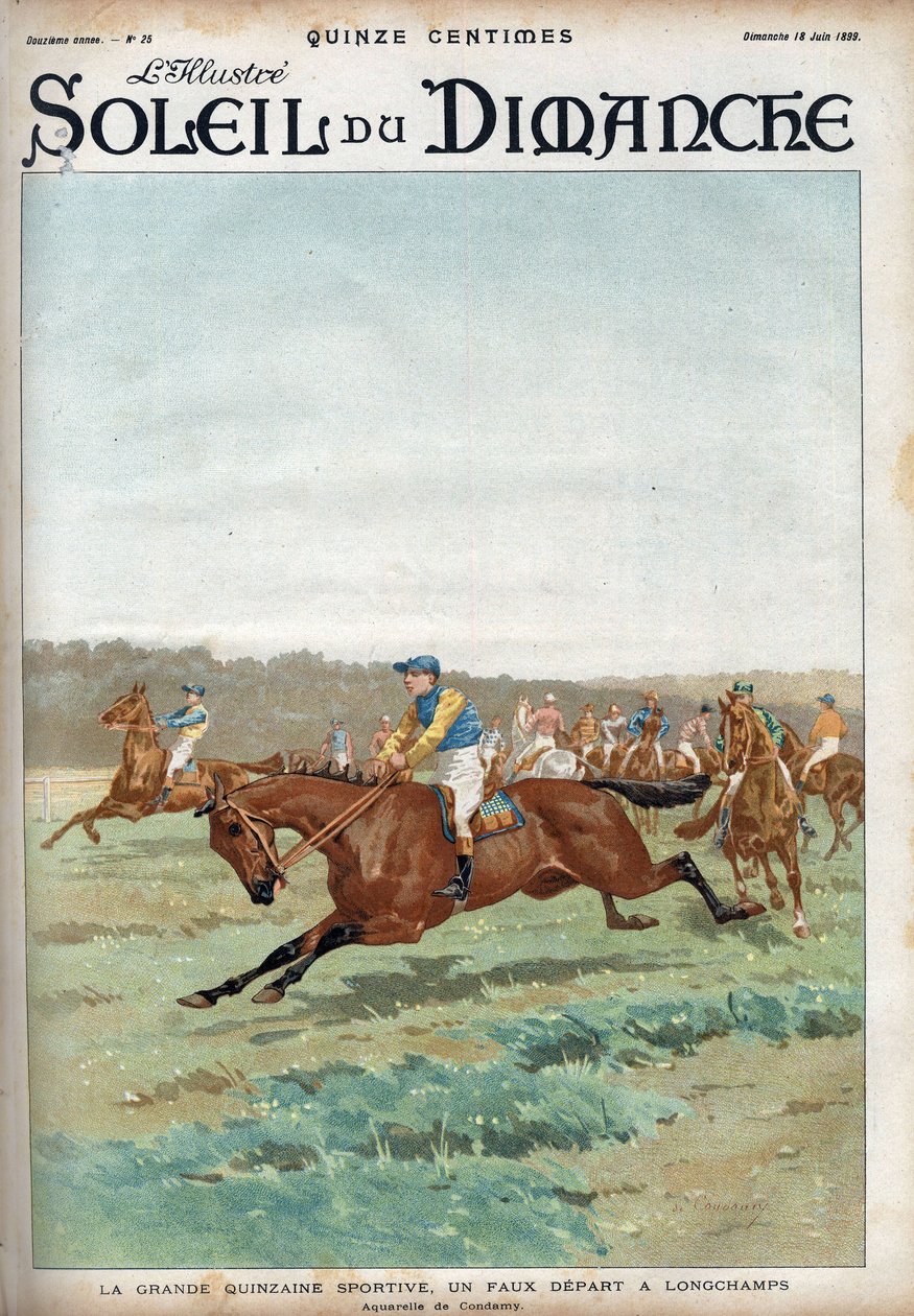 Corrida de cavalos: "La grande forzaine sportive: uma falsa partida no hipódromo de Longchamps". Watercolour by Condamy Engraving in "Le sun-du-dimanche", 18 de junho de Charles Fernand de (after) Condamy