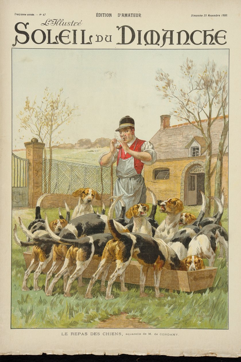 Hounds feeding, da capa de &39;Soleil du Dimanche&39;, 25 de novembro de 1900 de Charles Fernand de Condamy