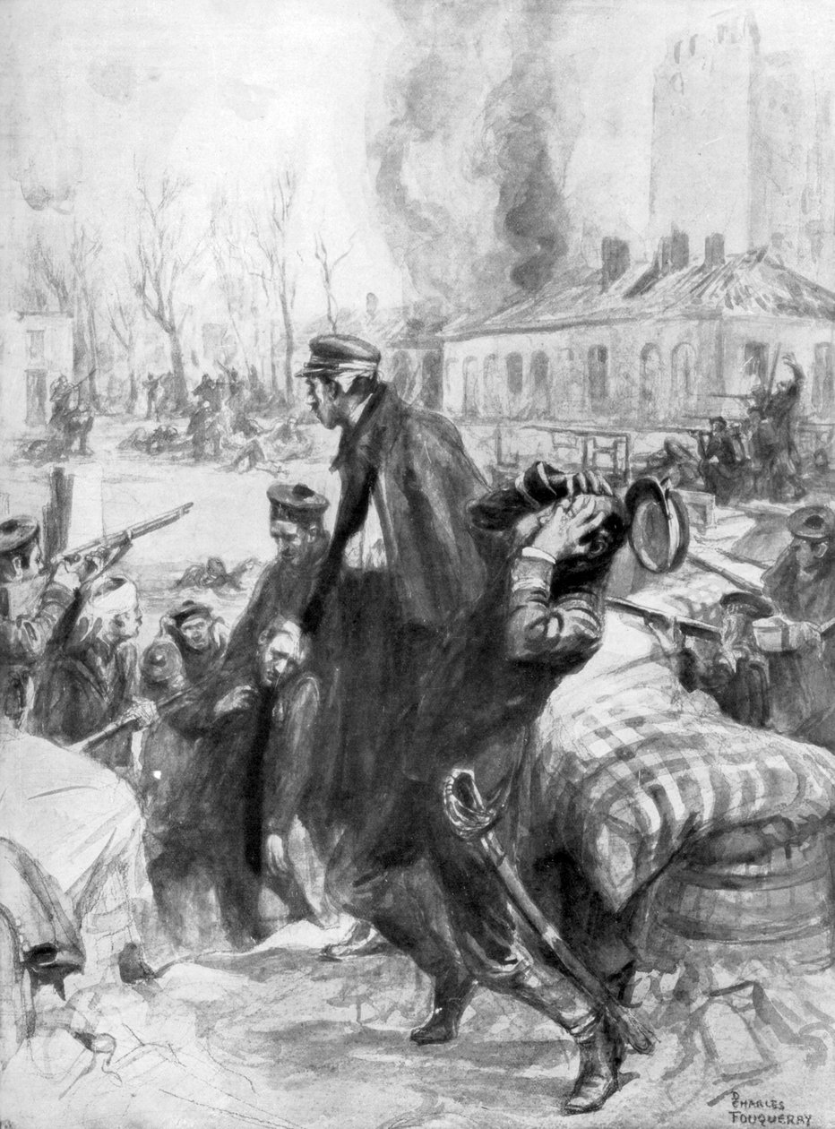 Fuzileiros navais envolvidos em uma batalha de rua em Diksmuide, Flandres, Bélgica, 1914 1926. de Charles Fouqueray