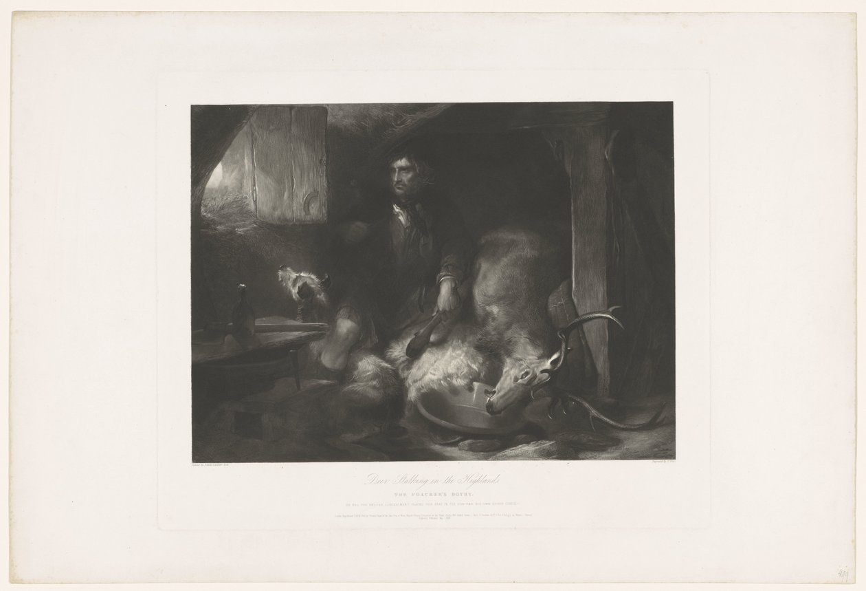 "Perseguição de veados nas Terras Altas. O bothij do poucher". A Edwin Landseer, com endereços de Boys and Graves e Gambart de Charles Fox