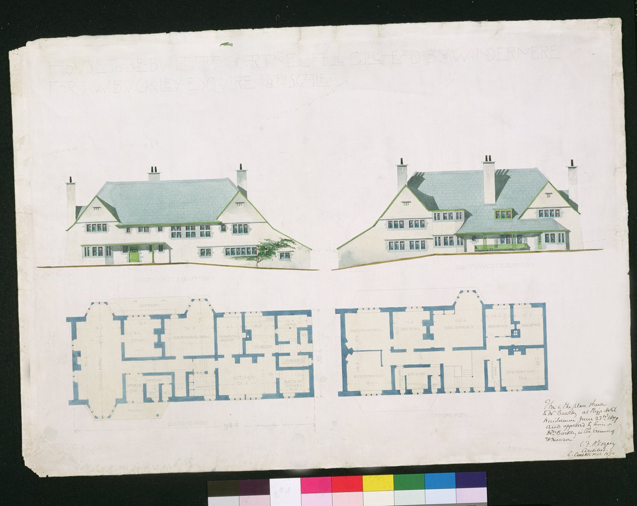 Casa a ser construída em Gartmel Fell Gillhead, Windermere para JW Buckley Esquire, 1899 (wc e lápis sobre papel) de Charles Francis Annesley Voysey