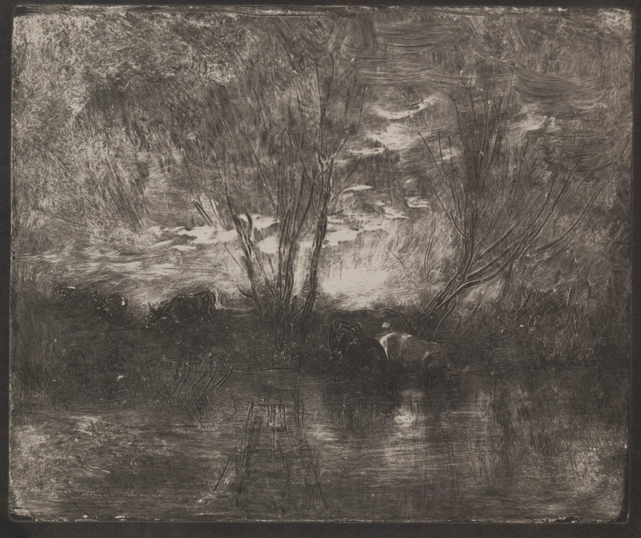 Vacas em Watering Place, impressão original 1862, impressa em 1921. de Charles Francois Daubigny