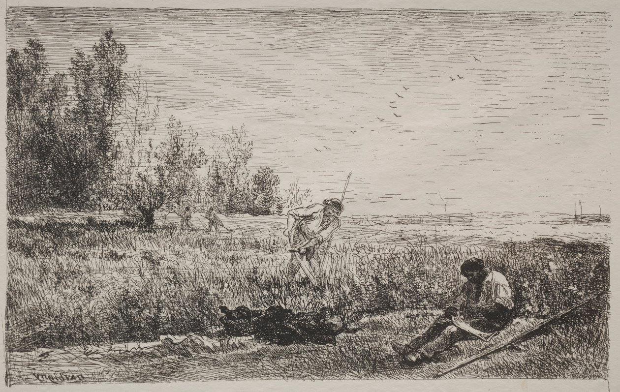 Fabricação de feno, impressão original 1862, impressa em 1921. de Charles Francois Daubigny