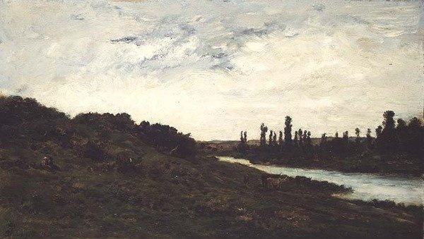 Pastores e Gado em uma paisagem de rio arborizado de Charles Francois Daubigny