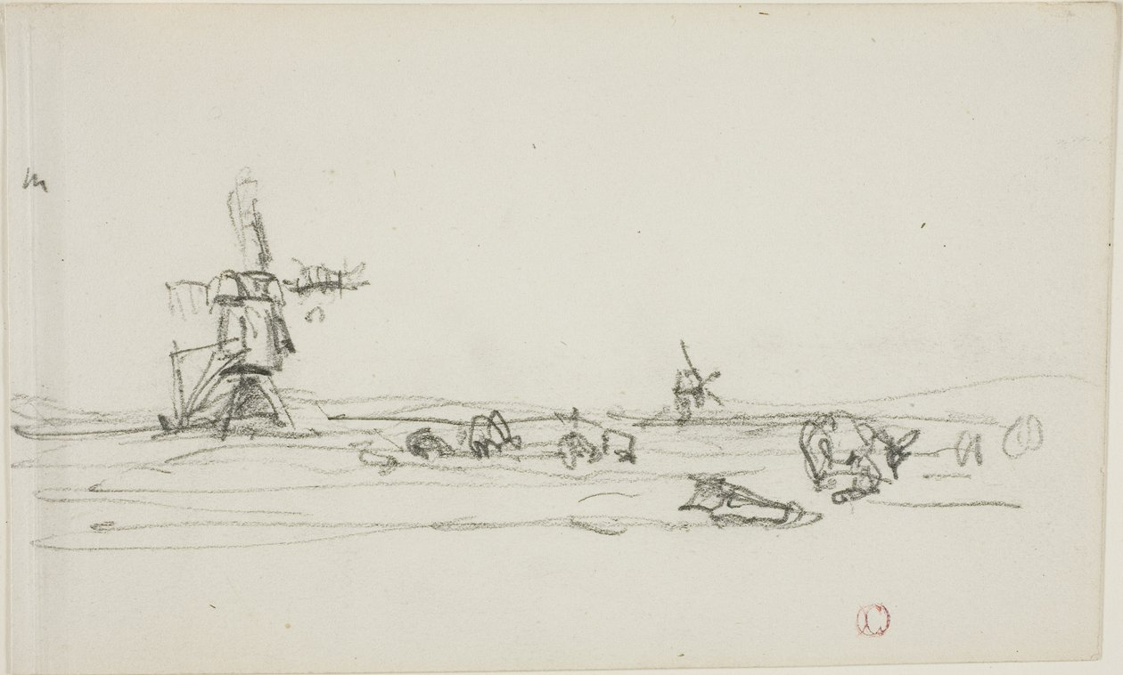 Paisagem na Holanda (anverso); Esboço de moinhos de vento junto à água (verso) de Charles Francois Daubigny