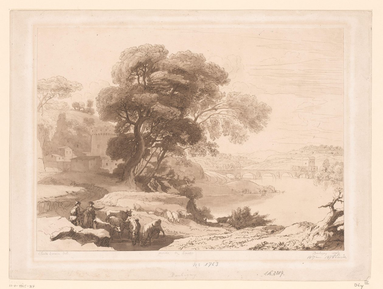 Paisagem com pastores e gado na beira de um rio de Charles Francois Daubigny